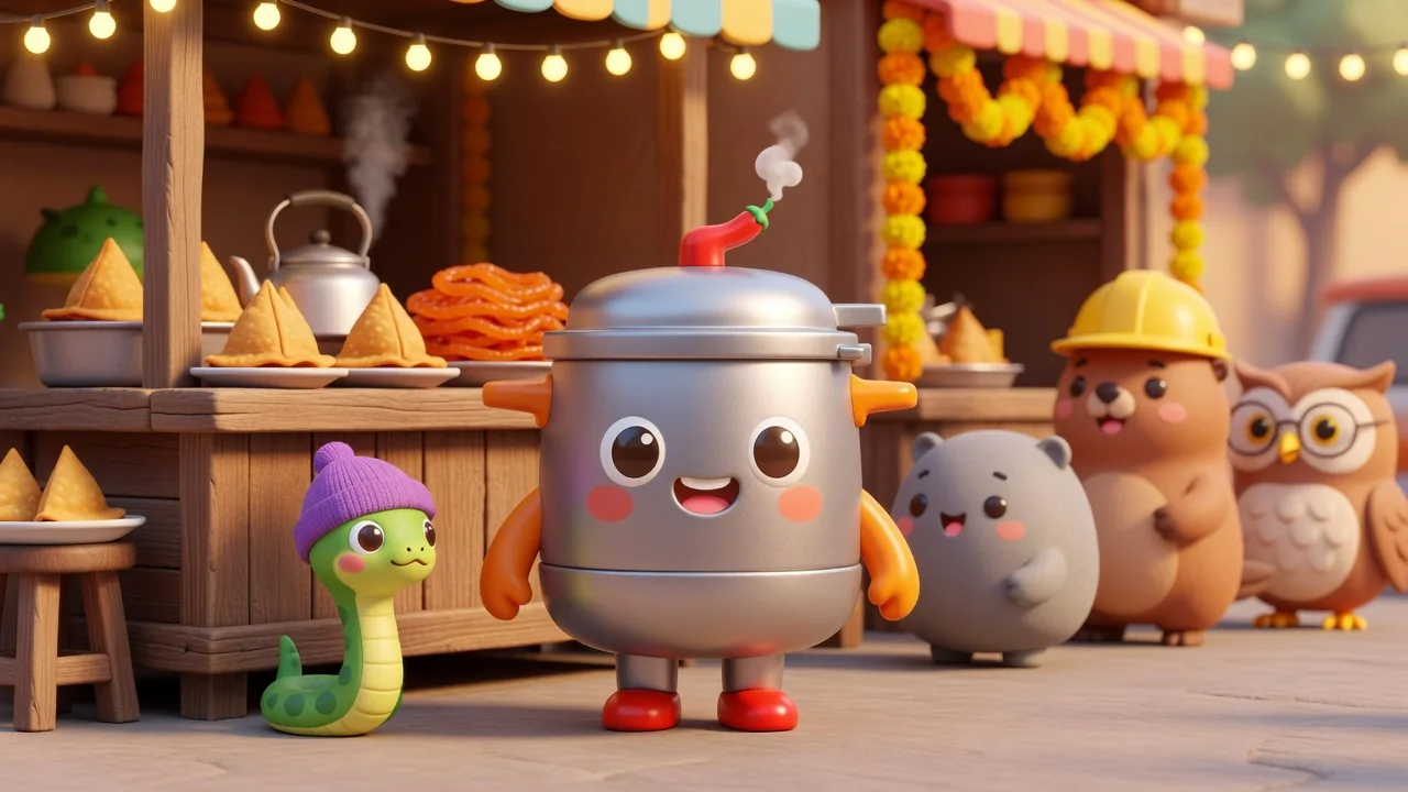 Tawa, a cheerful steel pressure cooker with a red whistle, standing in front of a street-food stall full of samosas and jalebis, with Noodle the snake, Pebble, Rivet the beaver and Quill the owl
