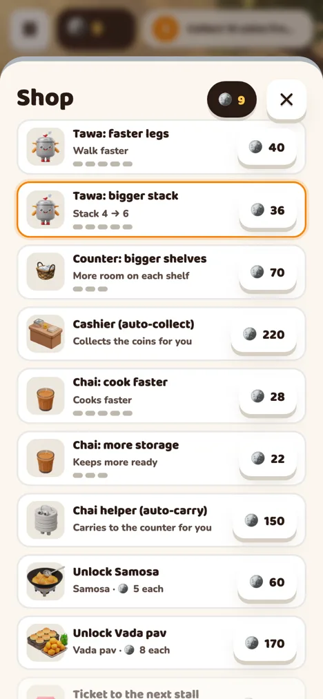 The shop: faster legs, bigger stacks, helpers and new stations